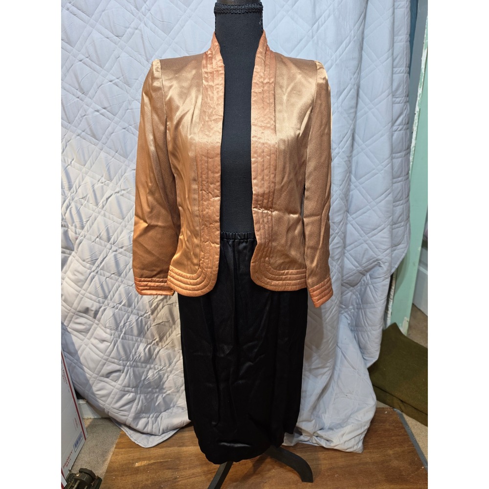 NR1 Ned Gould Vintage Skirt Suit Set Copper Metallic Blazer Black Satin Skirt